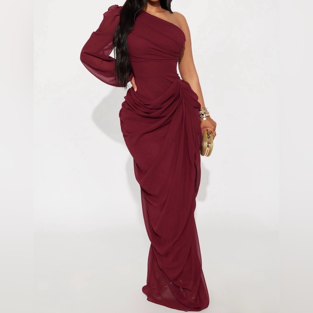 Fashion Nova One-Shoulder Burgundy Dress